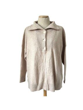 Loft Womens Sz Small Petite Tan Pullover Sweater / Ribbed Collar & Button Detail